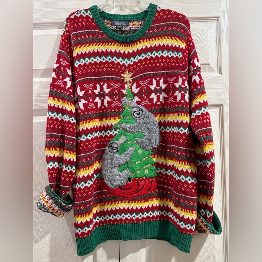 Unisex Sloth Ugly Holiday Christmas Embroidered Funny Striped Sweater Size XL